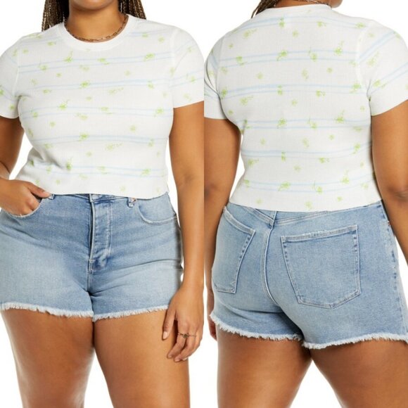 Nordstrom Floral Cropped Thermal Top 2021 Size XL BP Short Sleeve Organic Cotton - Picture 1 of 10